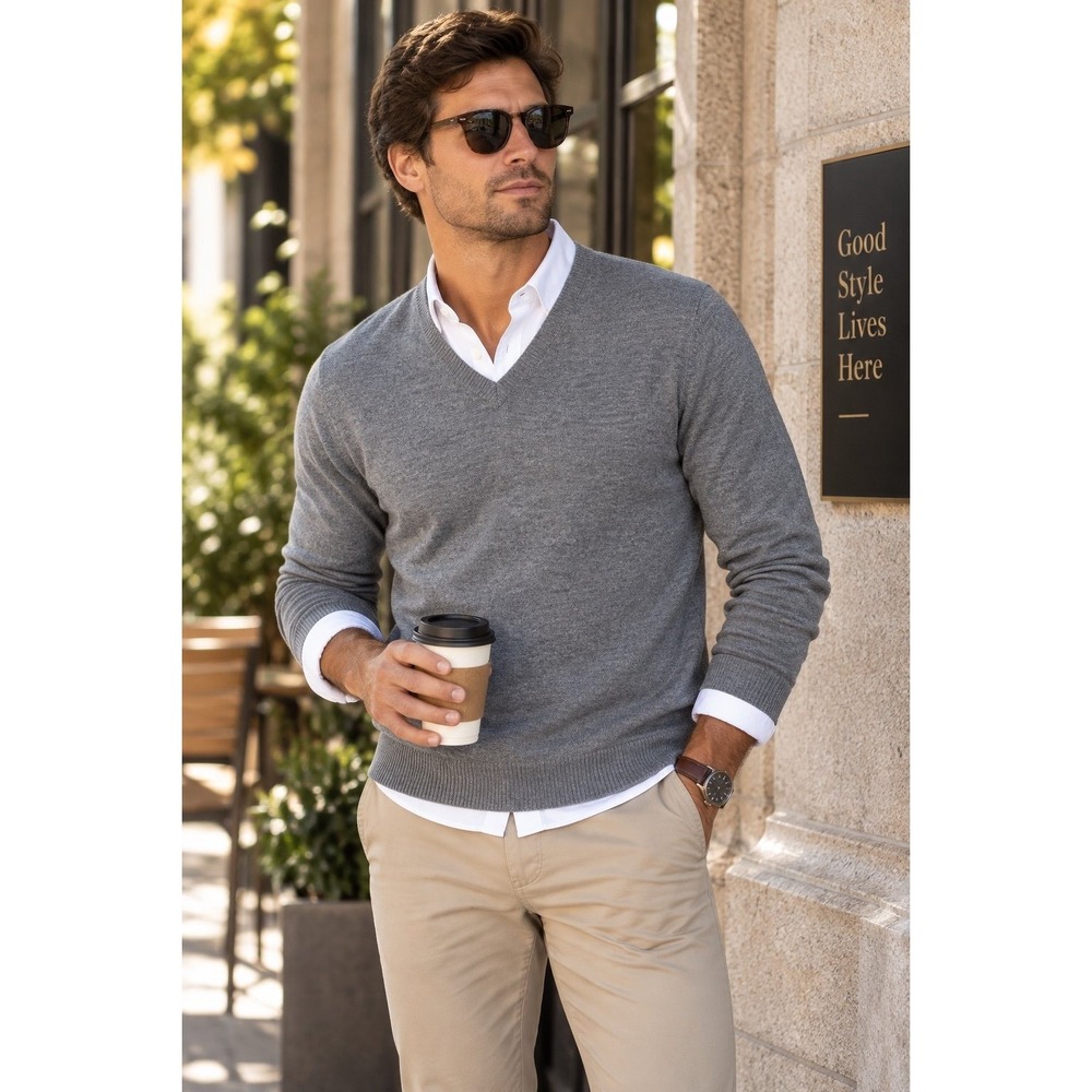 Banana Republic Men's L Extra Fine Merino Wool V Neck Sweater Gray Lightweight